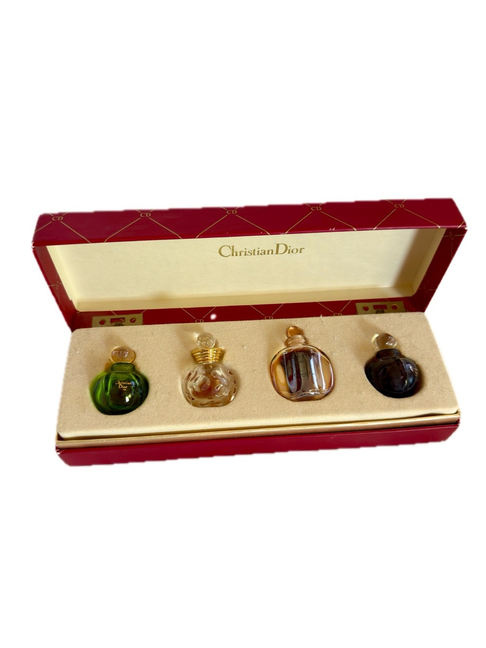 Dior Mini Glass Perfume Bottle Set in Green, Clear, Amber, and Dark Brown